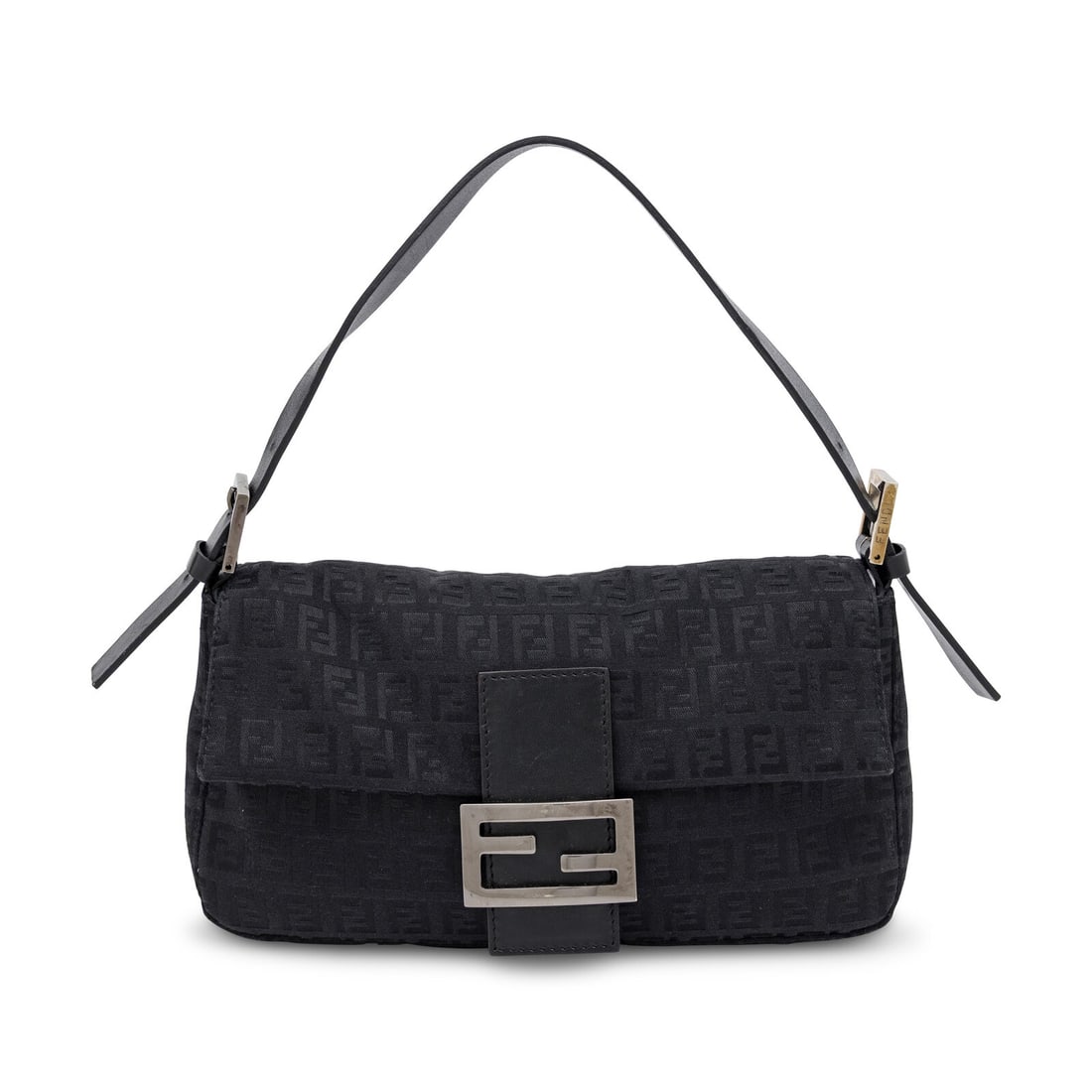 Fendi, Baguette in Black Monogram Jacquard: Fendi, Baguette in Black Monogram Jacquard Baguette bag in black monogram jacquard. Magnetic closure and flat leather strap. Label: Fendi Style/Serial No.: 6119 8BR000 028 Date: 2000's Country of Orig