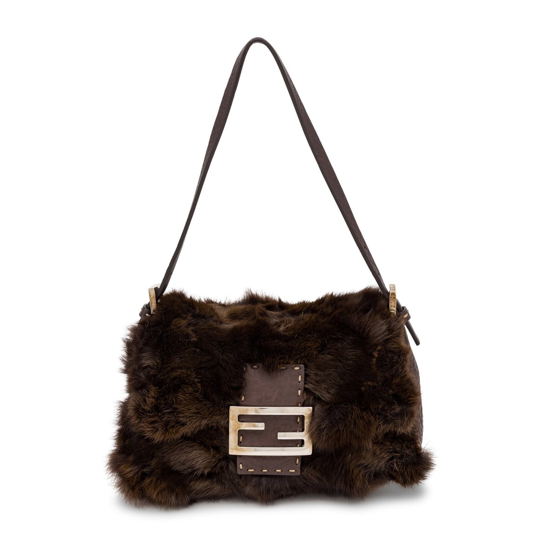Fendi, Mamma Baguette Bag in Brown Fur & Leather: Fendi, Mamma Baguette Bag in Brown Fur & Leather Mamma Baguette bag in deep brown grained Selleria leather and brown rabbit fur with silver-tone hardware. Magnetic snap closure and flat leather strap.
