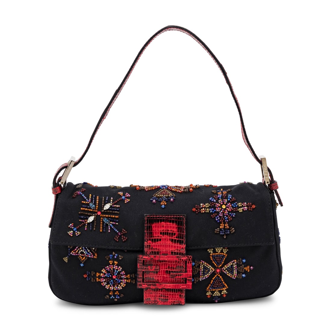 Fendi, Baguette in Beaded Knit and Red Lizard Skin: Fendi, Baguette in Beaded Knit and Red Lizard Skin Baguette bag in black knit material with all-over multicolor bead & rhinestone embellishments and red lizard skin trim. Magnetic snap closure and fla