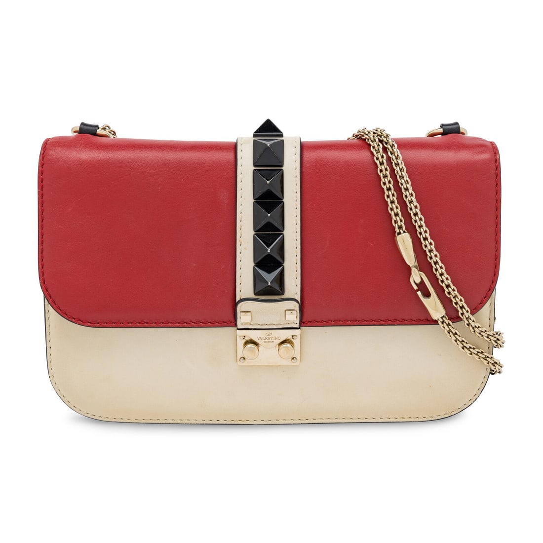 Valentino, Rockstud Flap Bag: Valentino, Rockstud Flap Bag Rockstud flap bag in crimson, cream, and black leather with black Rockstud embellishments and gold-tone hardware. Push-lock latch closure and metal chain strap. Label: