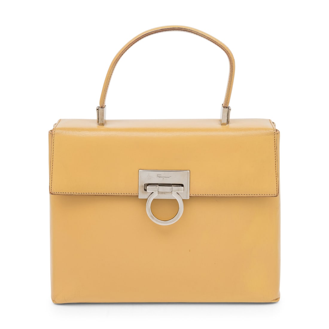 Salvatore Ferragamo, Gancini Top Handle Handbag: Salvatore Ferragamo, Gancini Top Handle Handbag Gancini handbag in camel-colored smooth leather with silver-tone hardware. Gancini lift-clasp closure and flat leather handle. Label: Salvatore Ferragam