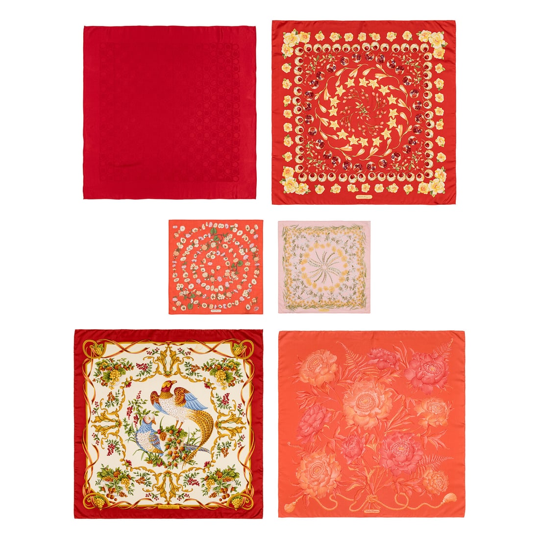 Ferragamo, Four Silk & Two Cotton Scarves: Ferragamo, Four Silk & Two Cotton Scarves THE FIRST Scarf in crimson silk jacquard. Hand rolled & stitched edges. Label: Ferragamo Date: Late 20th Century - Early 21st Century Country of Origin: