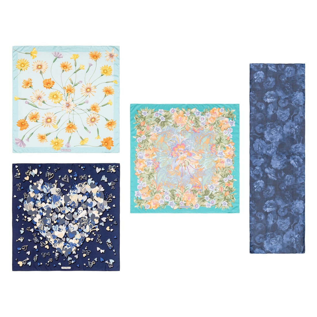 Ferragamo, Four Silk Scarves: Ferragamo, Four Silk Scarves THE FIRST Floral-print scarf in baby blue/multicolor silk twill. Hand rolled & stitched edges. Label: Salvatore Ferragamo Date: Late 20th - Early 21st Century Country of