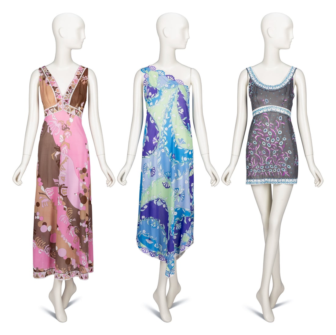 Emilio Pucci for Formfit Rogers, Three Loungewear Dresses: Emilio Pucci for Formfit Rogers, Three Loungewear Dresses THE FIRST Sleeveless lounge dress in multicolor Pucci-printed semi-sheer jersey; some stretch content. V-shaped neckline. High empire