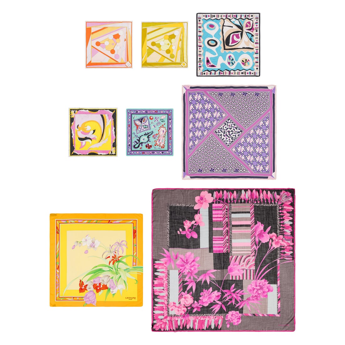 Pucci & Leonard; Lot of Eight Scarves, Handkerchiefs and Shawl: Pucci & Leonard; Lot of Eight Scarves, Handkerchiefs and Shawl THE FIRST Handkerchief/pocket square in multicolor printed cotton voile. Stitched edges. Label: Emilio Pucci Date: Late 20th - Early