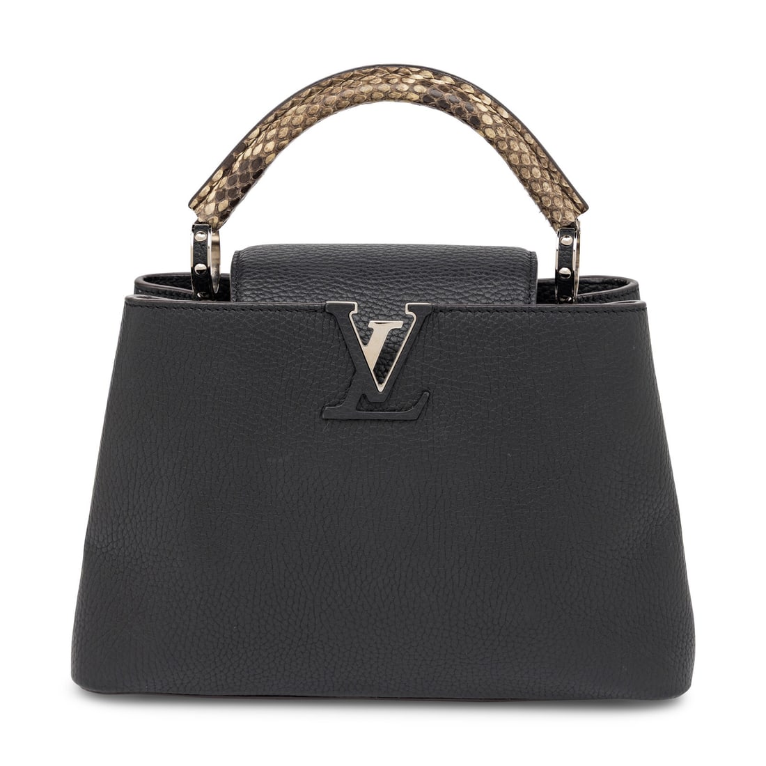 Louis Vuitton, Capucines BB Leather Handbag: Louis Vuitton, Capucines BB Leather Handbag Capucines BB handbag in black grained leather with a python skin handle. Interior flap closure, rolled python skin handle and removable flat leather strap.
