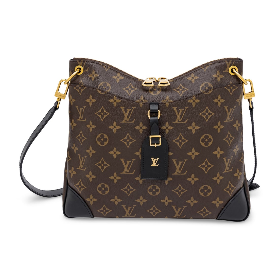 Louis Vuitton, Odéon MM Bag: Louis Vuitton, Odéon MM Bag Odéon MM bag in monogram-print coated canvas with black leather trim. Double-ended zipper closure and adjustable flat leather strap. Label: Louis Vuitton Style/Serial No.