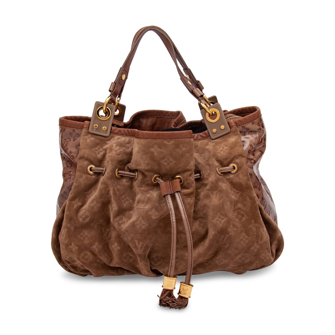 Louis Vuitton, Patent & Suede Irene Coco Bag: Louis Vuitton, Patent & Suede Irene Coco Bag Irene Coco hobo bag in brown monogram-embossed suede and brown monogram-printed patent leather with brown leather trim. Drawstring closure and flat