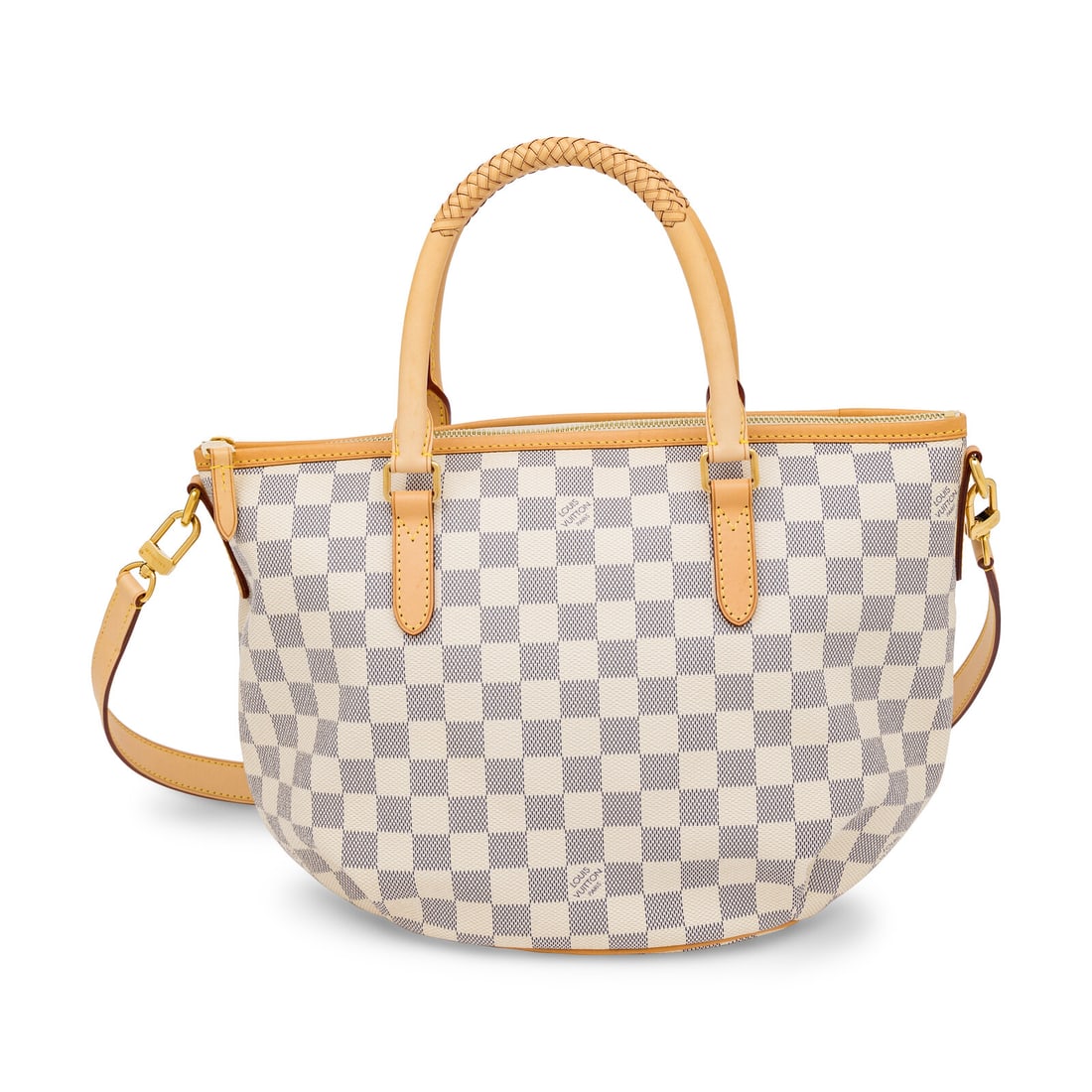 Louis Vuitton, Riviera PM Bag in Damier Azur: Louis Vuitton, Riviera PM Bag in Damier Azur Riveria PM bag in Damier Azur-print coated canvas with vachetta leather trim. Zipper closure, rolled leather handles with woven details, and removable