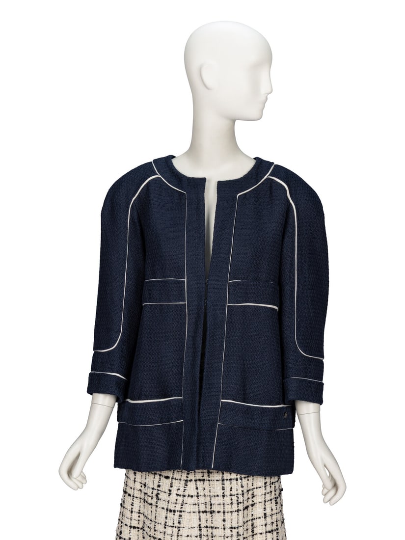 Chanel, Navy Silk Tweed Jacket: Chanel, Navy Silk Tweed Jacket As seen in runway look #41 of the Spring/Summer 2015 ready-to-wear collection by Karl Lagerfeld for Chanel. Cardigan jacket in navy blue silk/cotton-blend tweed with
