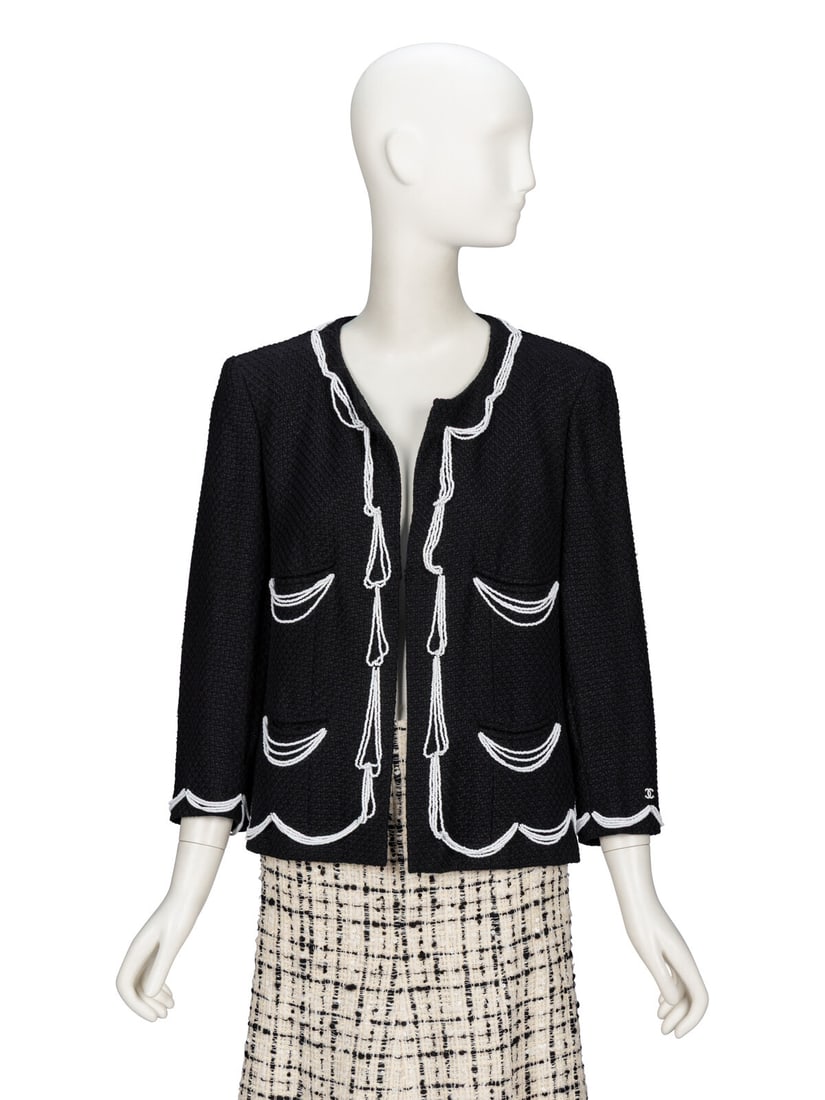 Chanel, Bead-Trimmed Tweed Jacket: Chanel, Bead-Trimmed Tweed Jacket As seen in runway look #7 of the Spring/Summer 2003 ready-to-wear collection by Karl Lagerfeld for Chanel. Cardigan jacket in black silk/cotton-blend tweed with