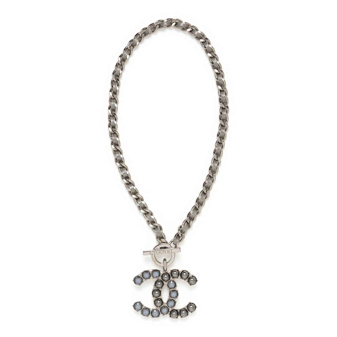 Chanel, Chain & CC Pendant Choker Necklace: Chanel, Chain & CC Pendant Choker Necklace Pendant and chain choker necklace in silver-tone metal. CC logo pendant with grey strass stones and grey Gripoix pearl settings. Interwoven chain with metall