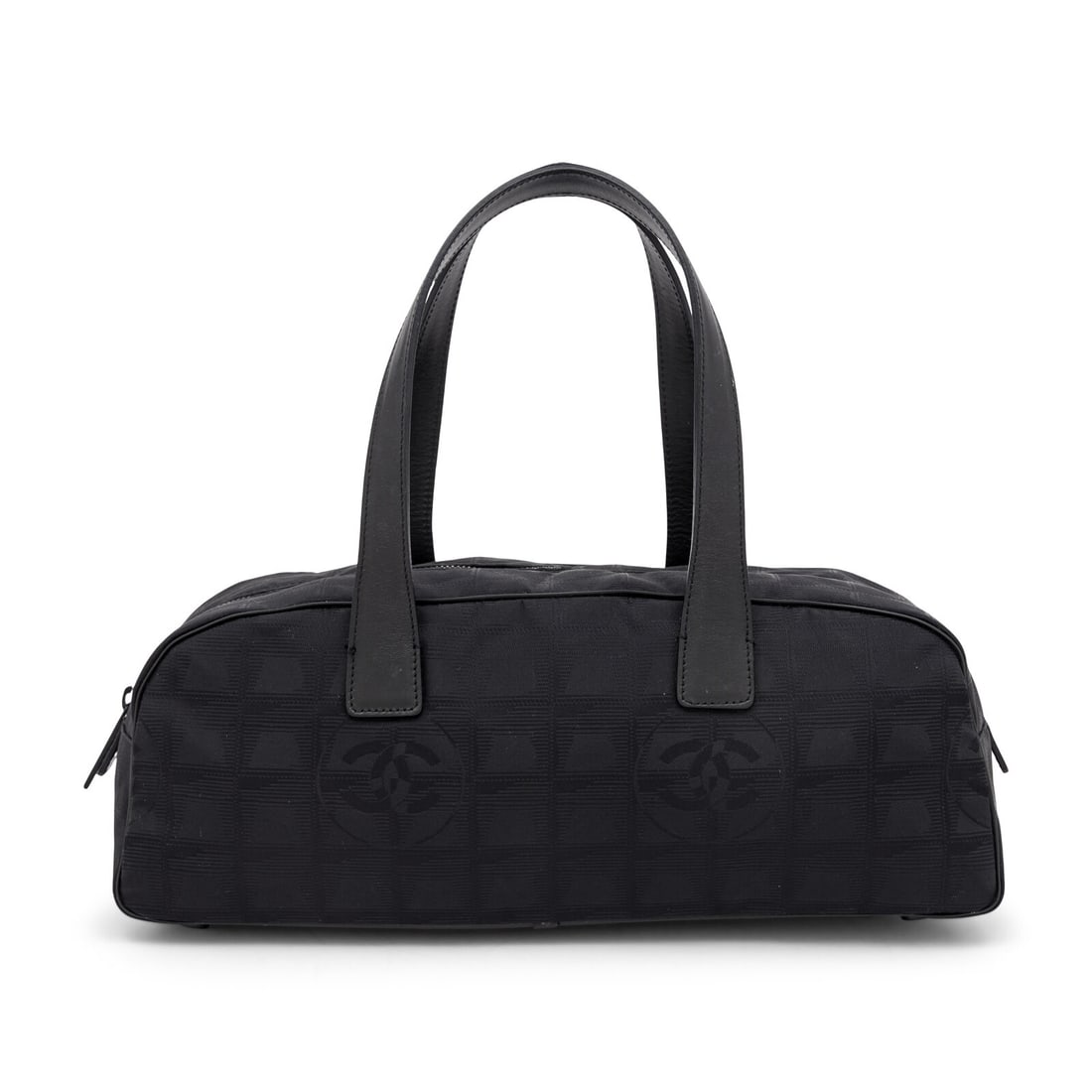 Chanel, Black Bowling Bag: Chanel, Black Bowling Bag Bowling bag in black CC jacquard with black leather trim. Zipper closure and flat leather handles. Label: Chanel Style/Serial No.: Unmarked Date: 2000-2002 Country of