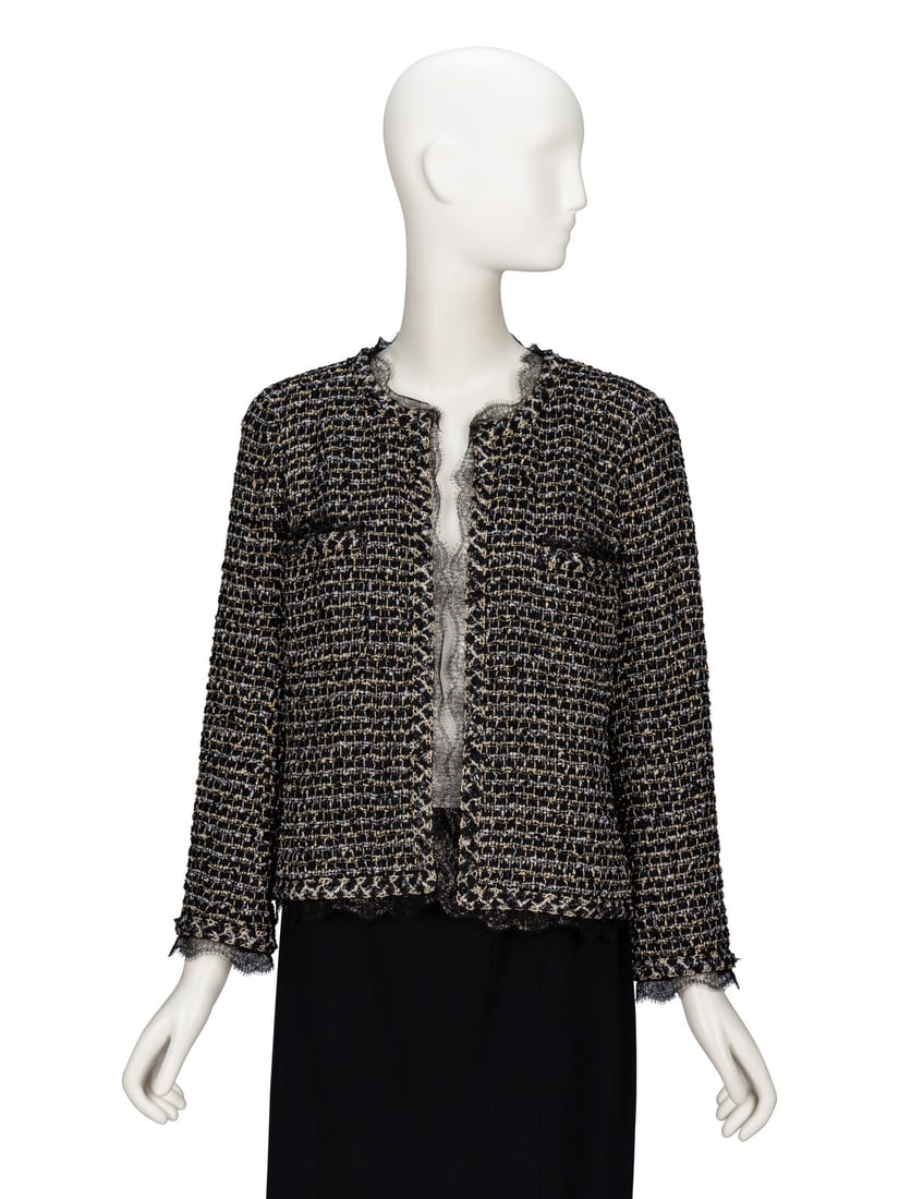 Chanel, Lace-Trimmed Tweed Cardigan Jacket: Chanel, Lace-Trimmed Tweed Cardigan Jacket Cardigan jacket in black, metallic gold and silver fantasy tweed. Glittery black eyelash lace and braided tweed trims throughout. Round collarless neckline.