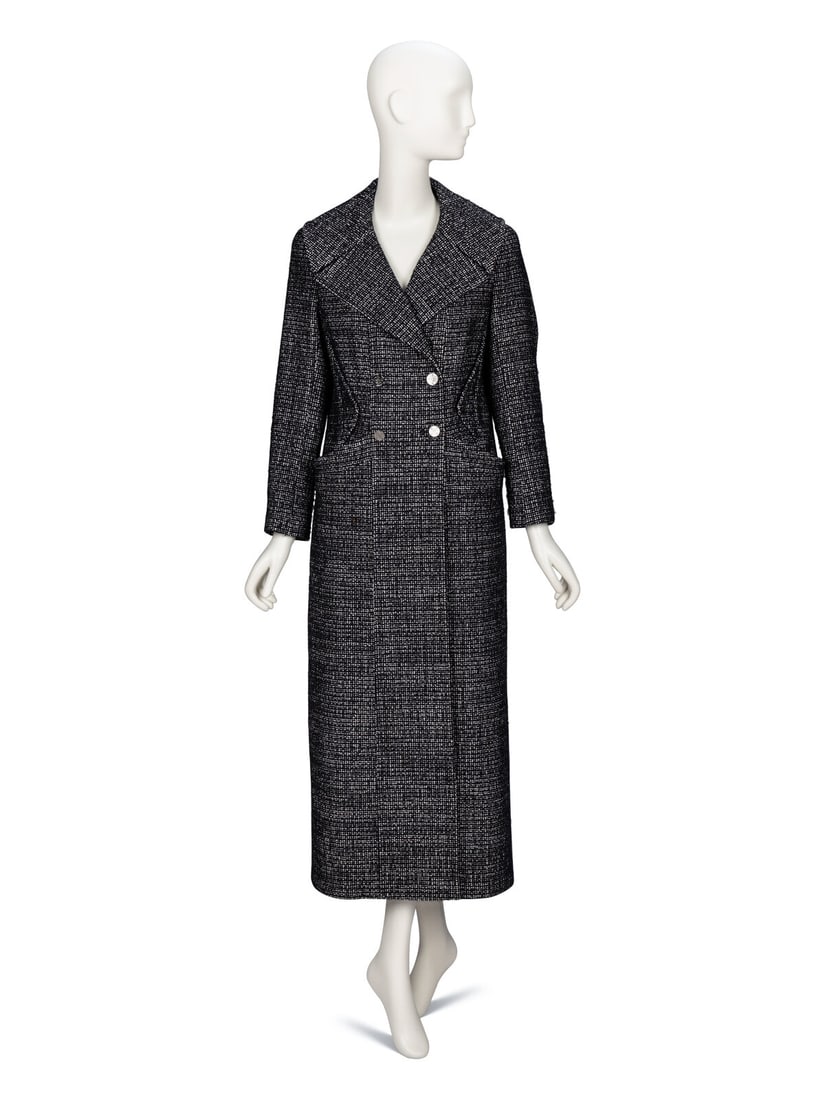 Chanel, Double-Breasted Tweed Coat: Chanel, Double-Breasted Tweed Coat Full-length double-breasted coat in black & white nylon/wool-blend tweed. Wide collar & notched lapels. Full-length set-in sleeves with button closures at cuffs.