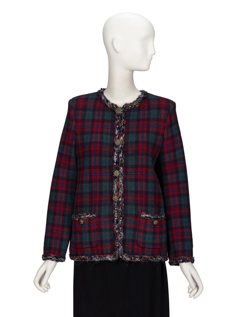 Chanel, Plaid Cashmere Knit Cardigan: Chanel, Plaid Cashmere Knit Cardigan As seen in runway look #19 of the Pre-Fall 2013 collection by Karl Lagerfeld for Chanel. Cardigan jacket in green, red, and blue plaid cashmere knit braided trim t
