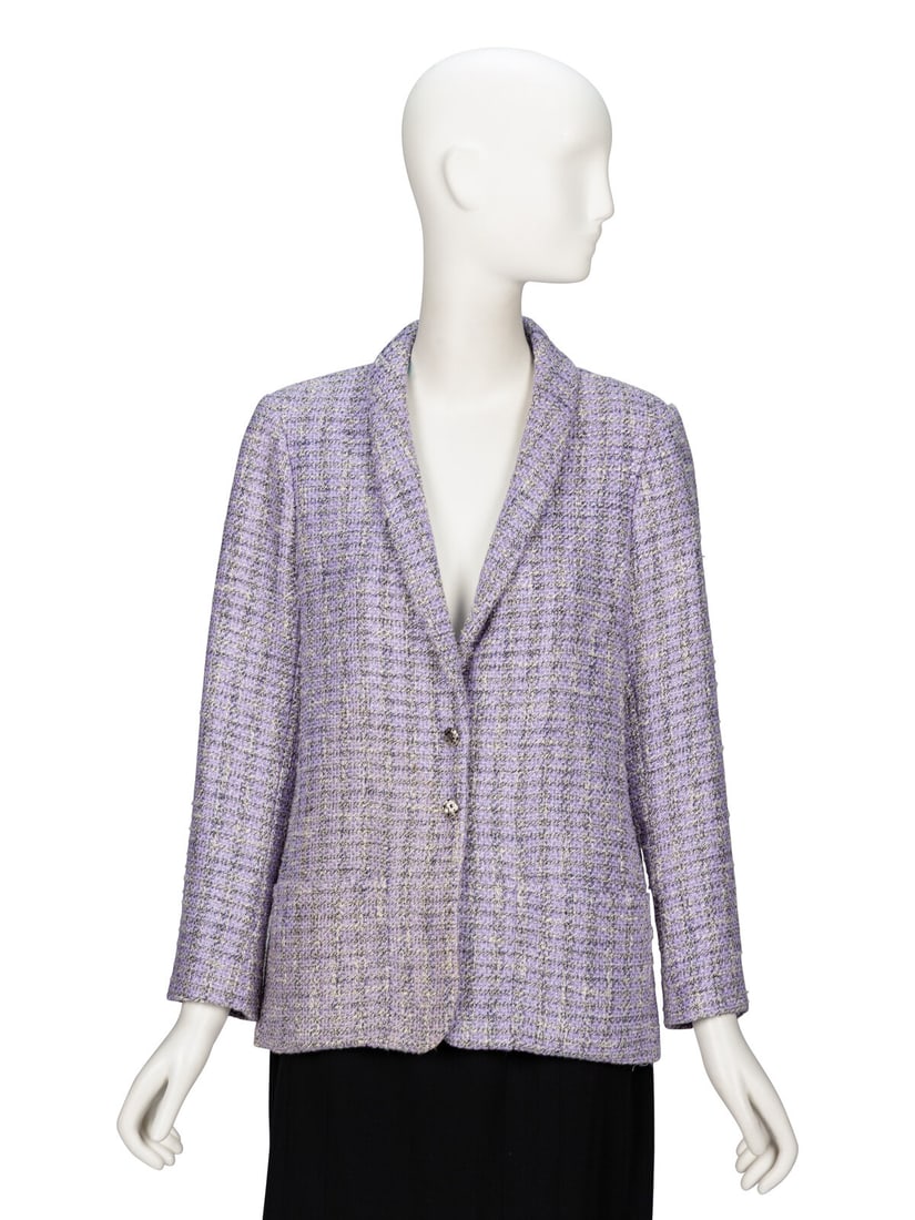 Chanel, Lavender Tweed Blazer: Chanel, Lavender Tweed Blazer As seen in runway look #60 of the Spring/Summer 2016 ready-to-wear collection by Karl Lagerfeld for Chanel. Tailored blazer in shimmery lavender cotton-blend plaid
