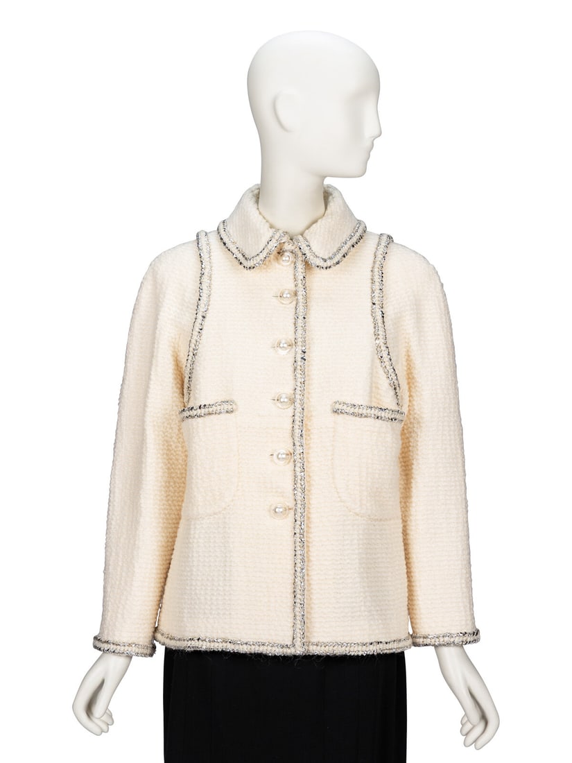 Chanel, Metallic Trim Tweed Jacket: Chanel, Metallic Trim Tweed Jacket A nearly identical jacket was seen in runway look #9 of the Fall/Winter 2017 ready-to-wear collection by Karl Lagerfeld for Chanel. Jacket in cream wool-blend