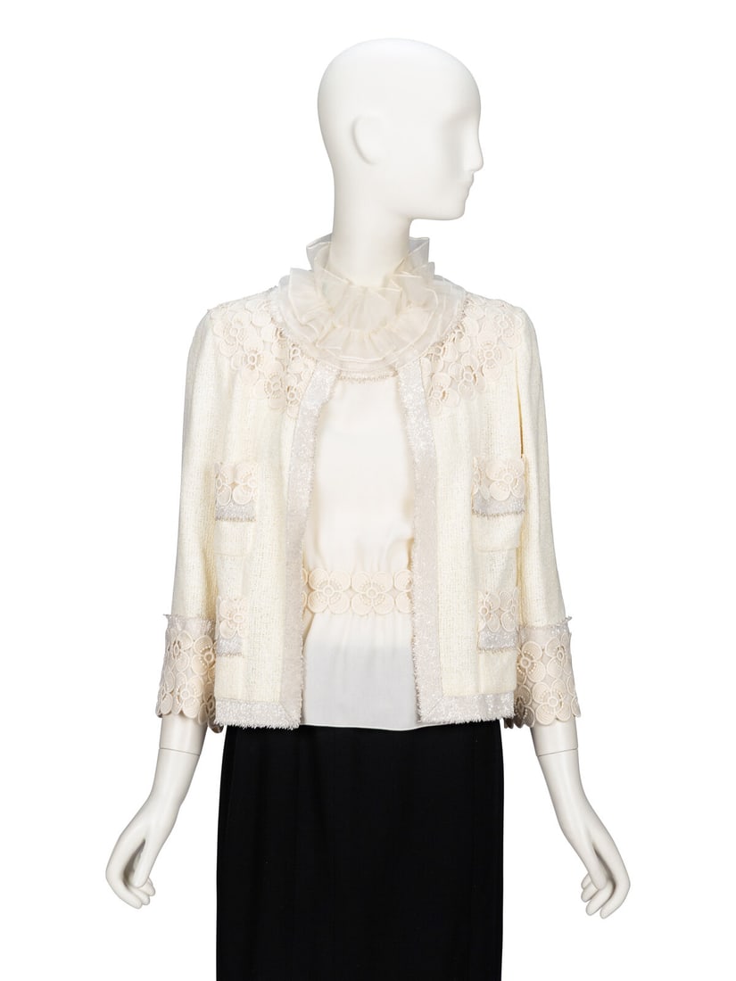Chanel, Sequined Tweed Jacket & Blouse Ensemble: Chanel, Sequined Tweed Jacket & Blouse Ensemble As seen in runway look #43 of the Resort 2011 collection by Karl Lagerfeld for Chanel. JACKET Cardigan jacket in cream cotton tweed with white beaded