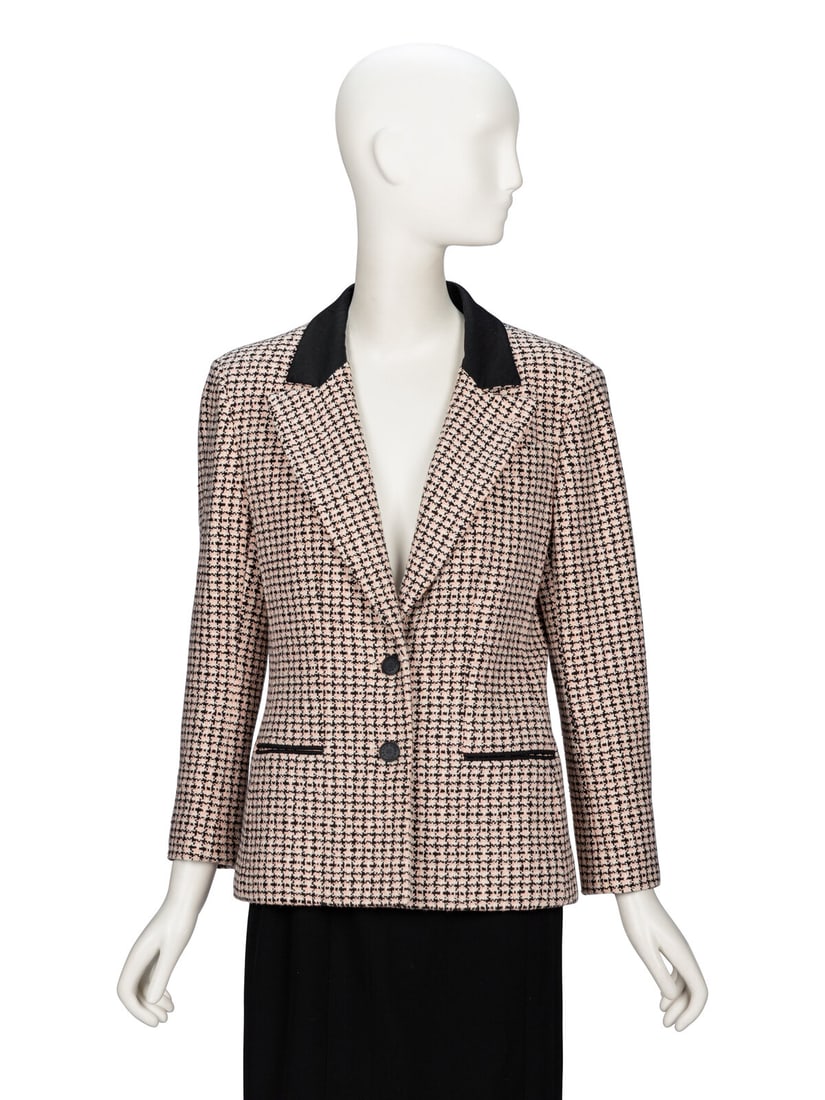 Chanel, Black & Pink Tweed Blazer: Chanel, Black & Pink Tweed Blazer Softly tailored blazer in pink, black and white cotton tweed. Black cotton gabardine contrast upper collar; peaked lapels. Light padding at shoulders. Full-length