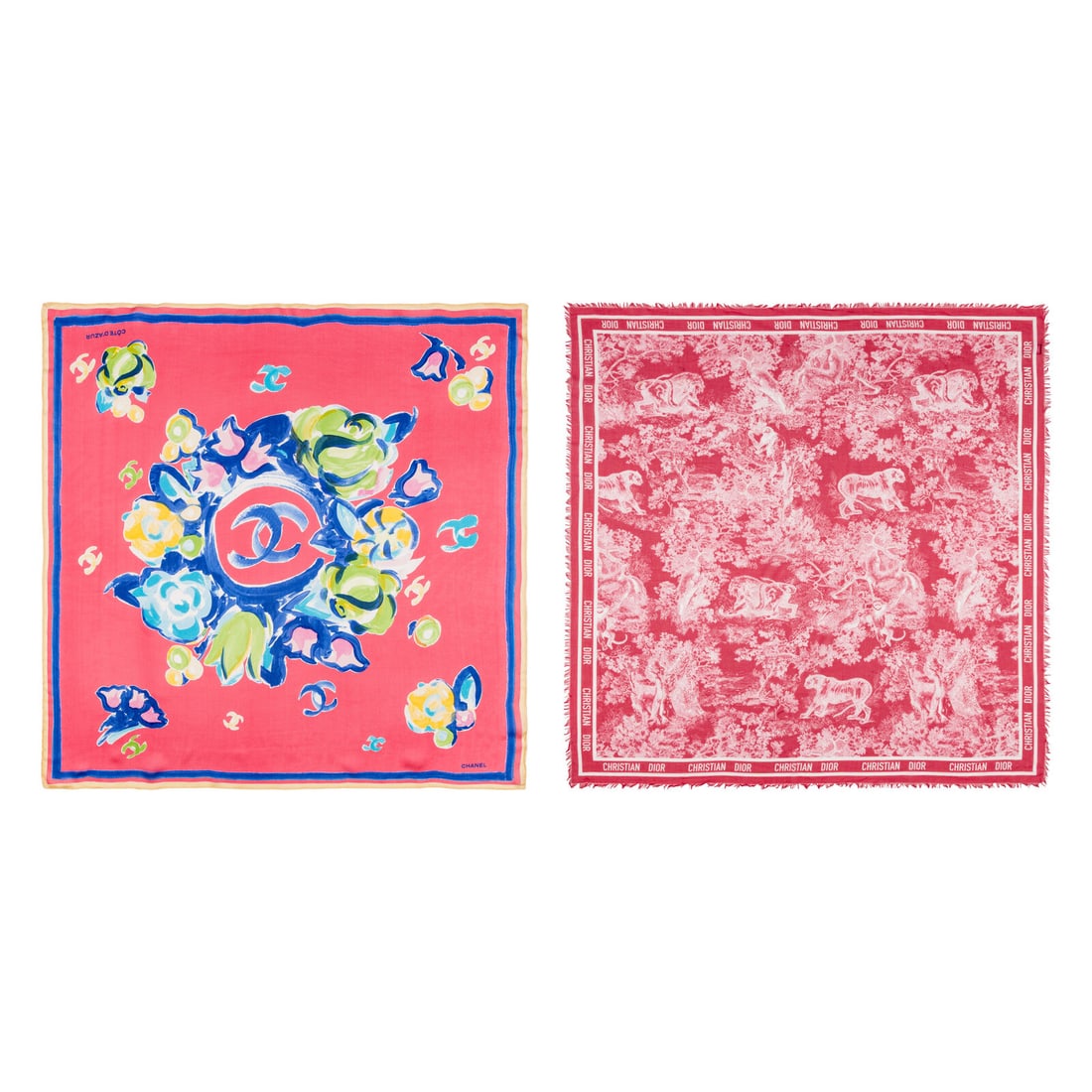Chanel & Dior, Scarf & Shawl: Chanel & Dior, Scarf & Shawl THE FIRST Scarf in multicolor printed silk habotai. Stitched edges. Label: Chanel Date: 2010's Country of Origin: Unmarked, likely Italy Approximate Measurements: