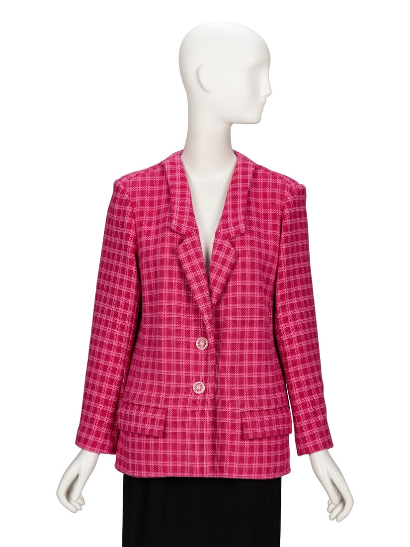 Chanel, Raspberry Plaid Tweed Blazer: Chanel, Raspberry Plaid Tweed Blazer As seen in runway look #22 of the "Paris-Seoul" 2016 Resort collection by Karl Lagerfeld for Chanel. Lightly tailored blazer in raspberry pink cotton-blend plaid