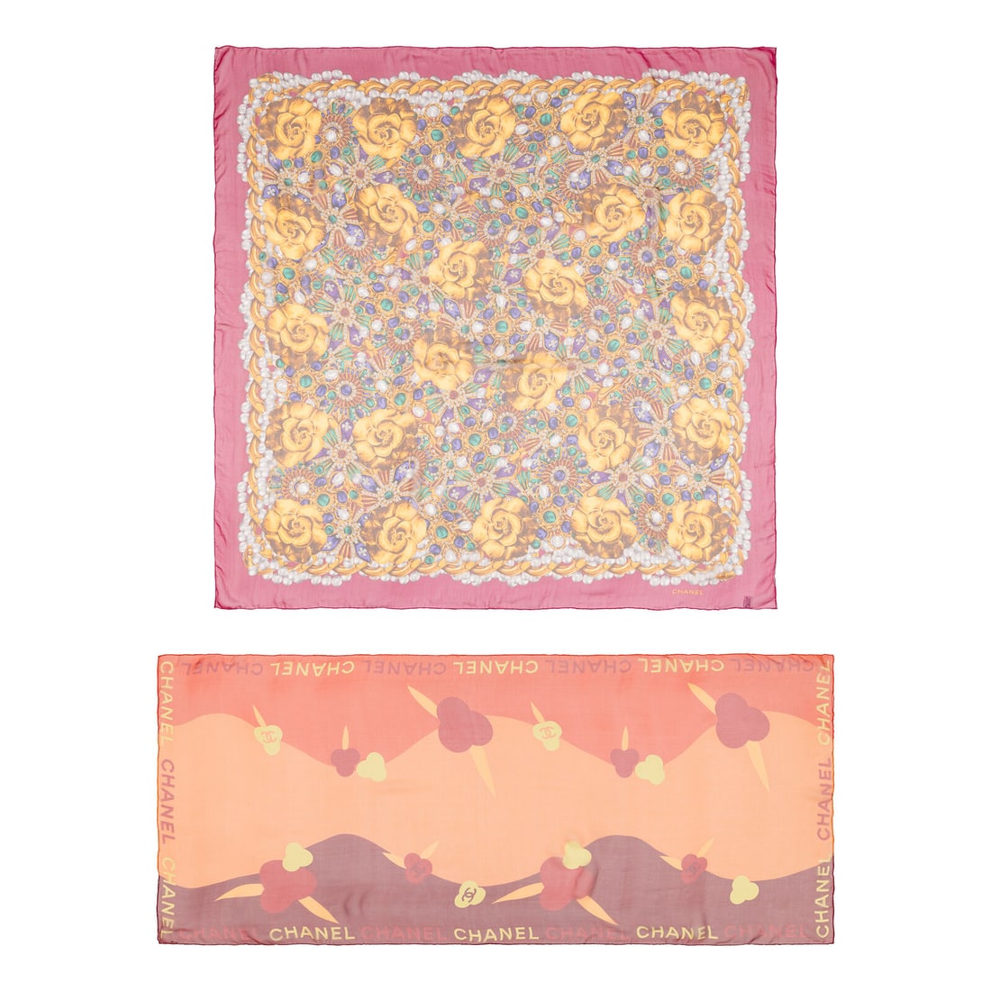 Chanel, Two Large Chiffon Scarves: Chanel, Two Large Chiffon Scarves THE FIRST Large shawl/scarf in multicolor printed silk chiffon. Hand rolled & stitched edges. Label: Chanel Date: Late 20th Century Country of Origin: Italy
