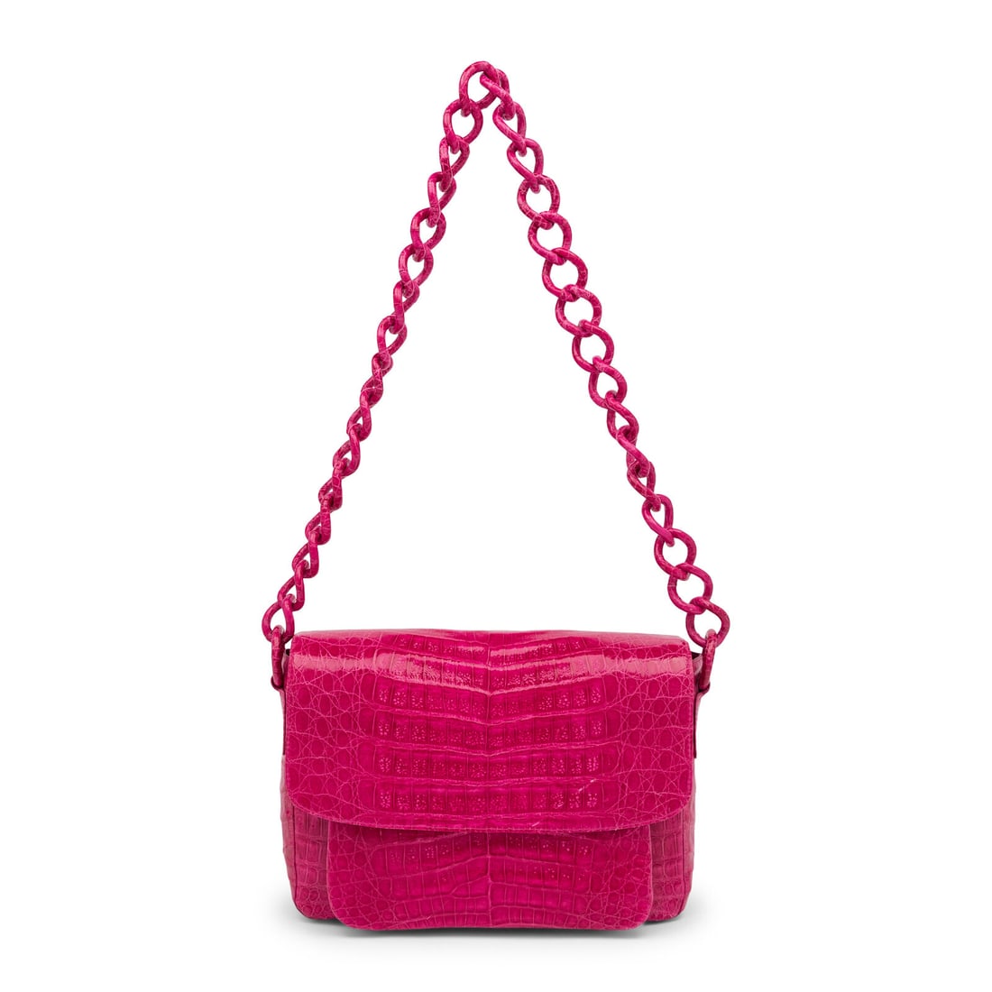 Nancy Gonzalez, Fuchsia Crocodile Flap Bag: Nancy Gonzalez, Fuchsia Crocodile Flap Bag Flap bag in fuchsia crocodile skin. Magnetic snap closures and crocodile-wrapped chain strap. Label: Nancy Gonzalez Date: 2000's-2010's Country of Origin: