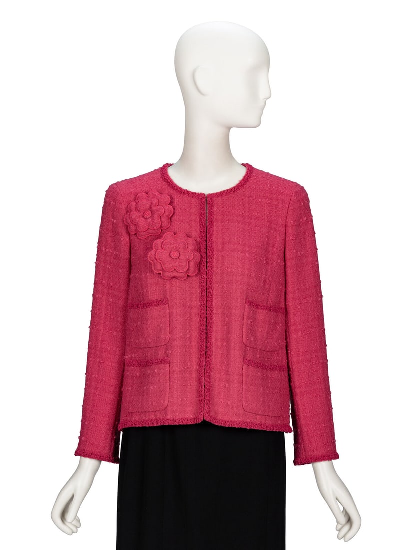 Chanel, Pink Tweed Cardigan Jacket with Tweed Camellias: Chanel, Pink Tweed Cardigan Jacket with Tweed Camellias Cardigan jacket in deep pink wool-blend bouclÈ tweed with braided bouclÈ trim. Round collarless neckline. Bracelet-length set-in