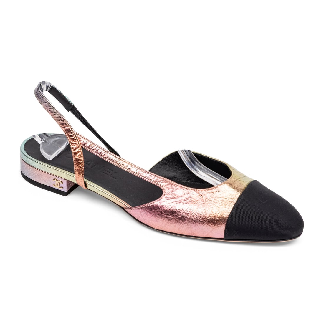 Chanel, Metallic Multicolor Leather Slingback Flats: Chanel, Metallic Multicolor Leather Slingback Flats Slingback flats in metallic multicolor aged leather with a contrasting black grosgrain toe cap. Includes box. Label: Chanel Size Label: 38 1/2 Date: