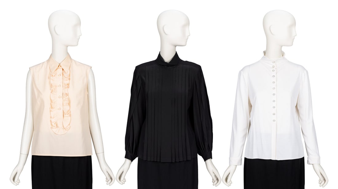 Chanel, Three Blouses: Chanel, Three Blouses THE FIRST Sleeveless blouse in pale pink cotton/silk-blend poplin. Pointed collar. Half-placket/partial opening at front with ruffle trim. Five faux pearl button closures at fron
