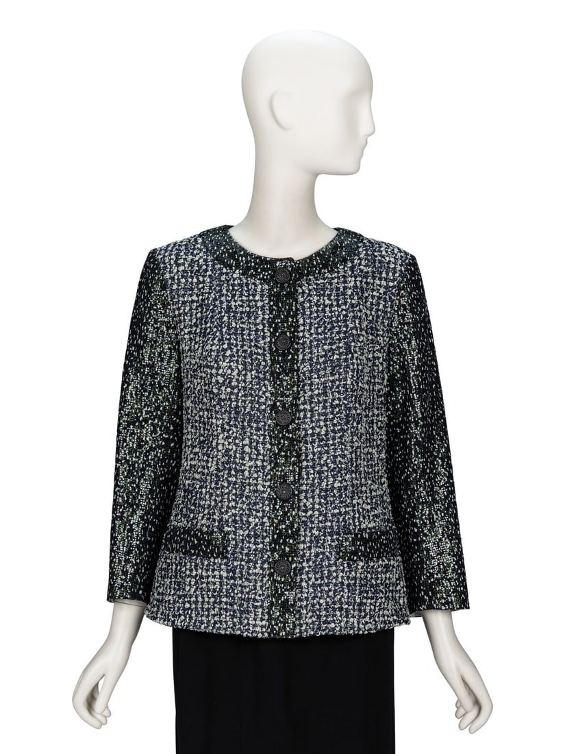 Chanel, Shimmery Two-Tone Cardigan Jacket NWT: Chanel, Shimmery Two-Tone Cardigan Jacket NWT Cardigan jacket in navy & green cotton-blend bouclÈ tweed; with sleeves & trim in a white-speckled shimmery dark green tweed. Round collarless
