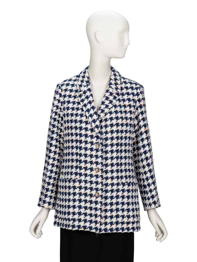 Chanel, Houndstooth Tweed Blazer: Chanel, Houndstooth Tweed Blazer Blazer in navy & white cotton-blend houndstooth tweed with multicolor flecks throughout. Notched lapels. Full-length set-in sleeves with working button closures at
