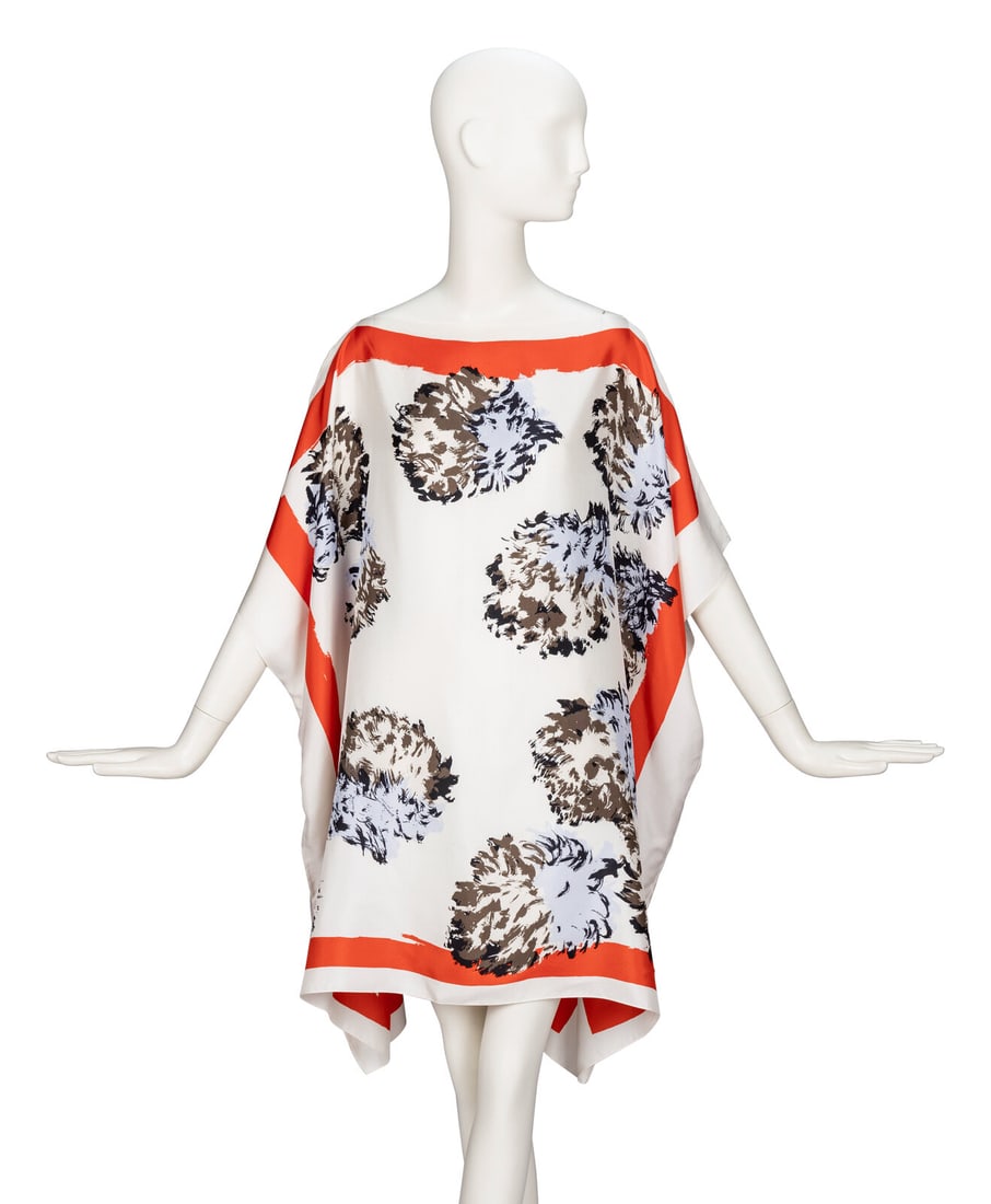 Christian Dior, Printed Silk Scarf Tunic: Christian Dior, Printed Silk Scarf Tunic Draped scarf-style tunic in printed silk twill. Wide bateau neckline. Boxy, square shape. Elbow-length kaftan-style sleeves. Handkerchief/square hemline;