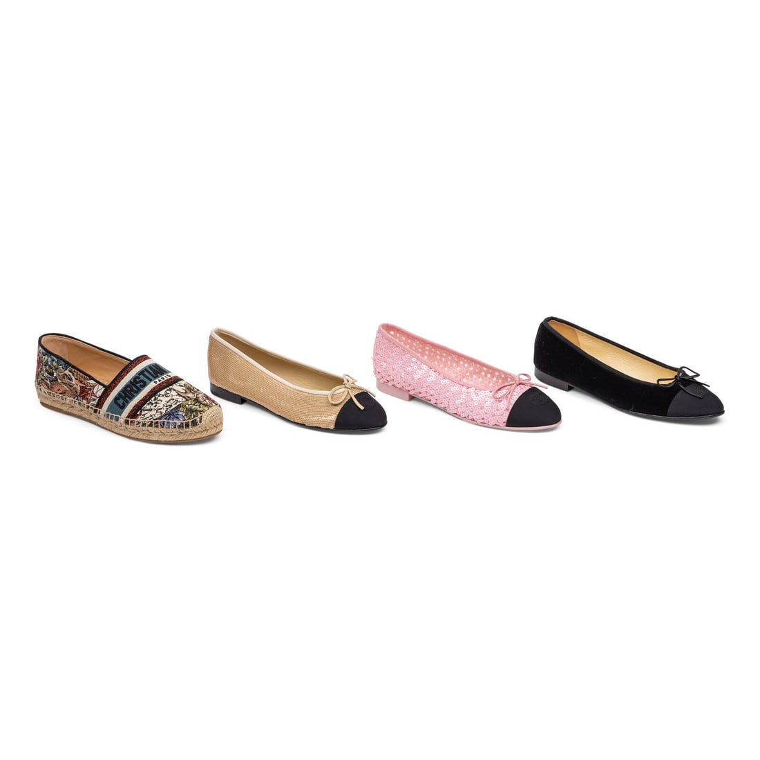 Chanel & Dior, Three Pairs of Ballet Flats & One Pair of Espadrilles: Chanel & Dior, Three Pairs of Ballet Flats & One Pair of Espadrilles THE FIRST Dior Granville Zodiac espadrilles in multicolor-embroidered cotton with embroidered logo at vamp and rubber sole.