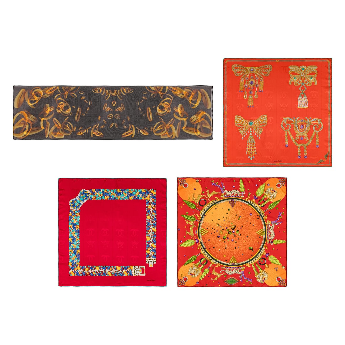 Cartier, Four Silk Scarves: Cartier, Four Silk Scarves THE FIRST Rectangular scarf in double-layered black & gold printed silk gauze. Label: Cartier Date: Late 20th - Early 21st Century Country of Origin: Italy Approximate