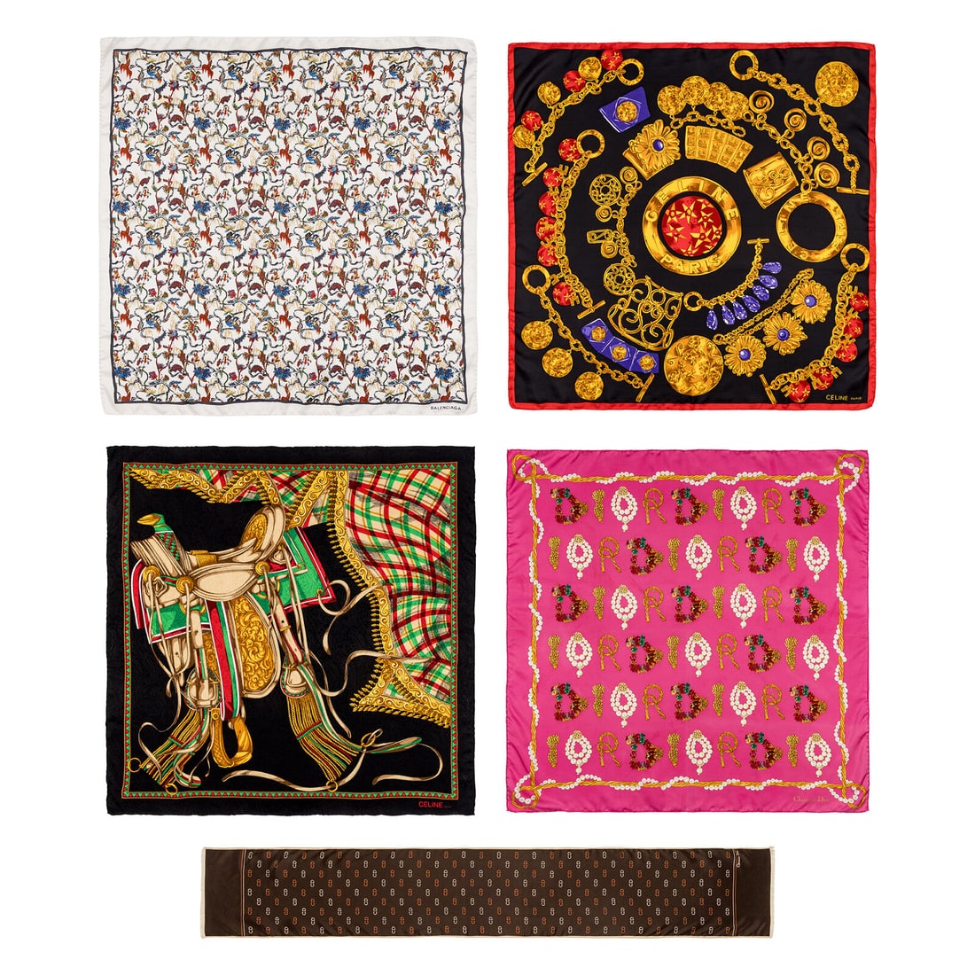 Five French Designer Silk Scarves: Five French Designer Silk Scarves THE FIRST Scarf in white/multicolor floral-print silk twill. Hand rolled & stitched edges. Label: Balenciaga Date: 2000's-2010's Country of Origin: Italy Approximate
