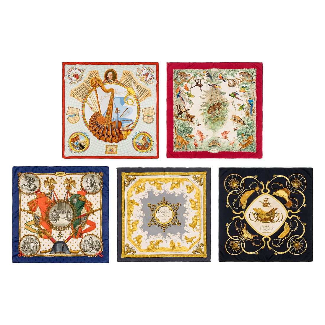 Hermès, Five Silk Scarves 90: Hermès, Five Silk Scarves 90 THE FIRST “Springs” Scarf 90 in printed silk twill. Features rolled and hand-stitched edges. Label: Hermès Artist: Philippe Ledoux Date: Originally released in 1