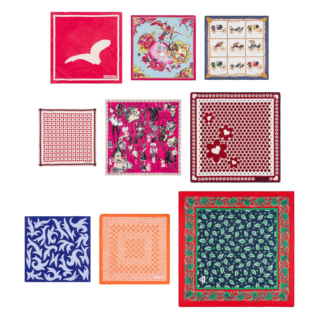 Nine Cotton Designer Scarves: Nine Cotton Designer Scarves THE FIRST Small square scarf in pink & white printed cotton lawn. Hand rolled & stitched edges. Label: Givenchy Date: Late 20th Century Country of Origin: Unmarked Approxi