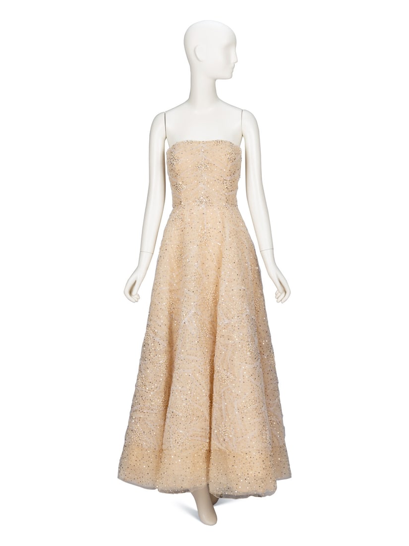 Oscar de la Renta, Embellished Champagne Tulle Evening Gown: Oscar de la Renta, Embellished Champagne Tulle Evening Gown Strapless evening gown in multi-layered champagne-beige tulle & organza with all-over pearl bead & sequin embellishments at outer layer.
