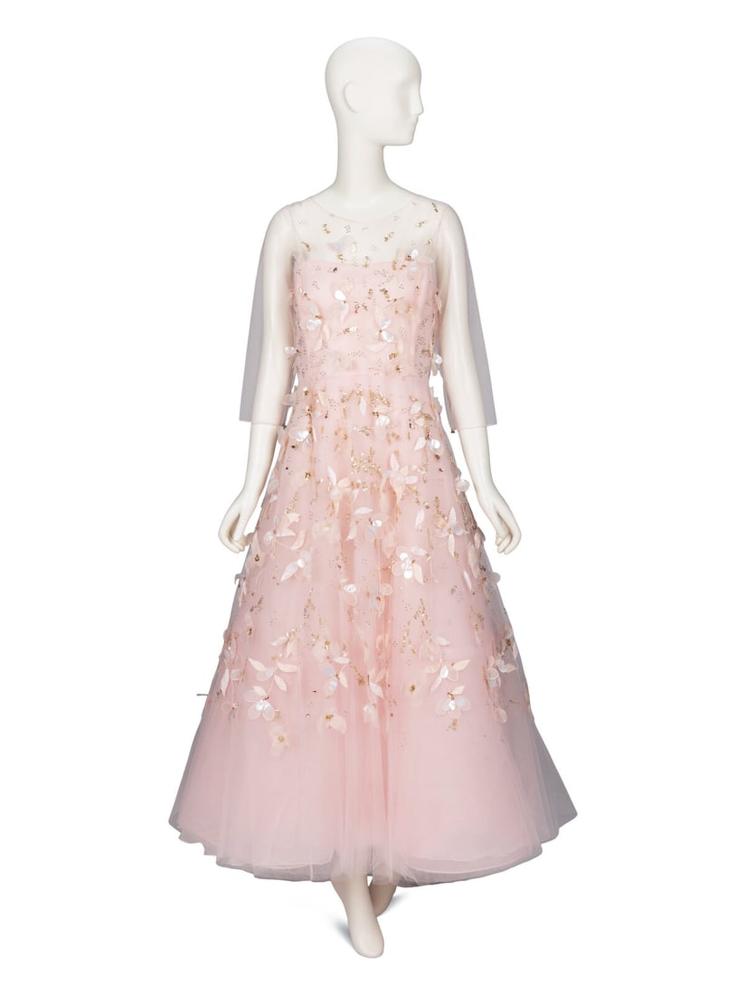 Oscar de la Renta, Pink Tulle Embellished Gown: Oscar de la Renta, Pink Tulle Embellished Gown Made-to-order gown in baby pink multi-layered tulle & organza with all-over sequin, bead, and three-dimensional fabric floral embellishments. Sheer