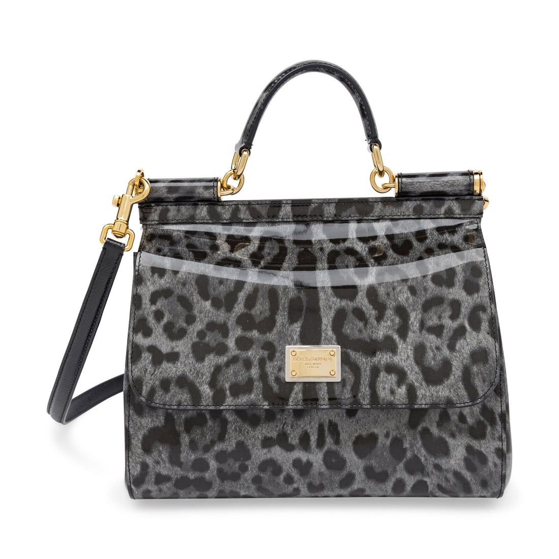 Dolce & Gabbana, Medium Sicily Bag in Grey Leopard Print: Dolce & Gabbana, Medium Sicily Bag in Grey Leopard Print Medium Sicily bag in grey cheetah-print patent leather with black leather trim. Magnetic snap closures, padded handle, and removable flat