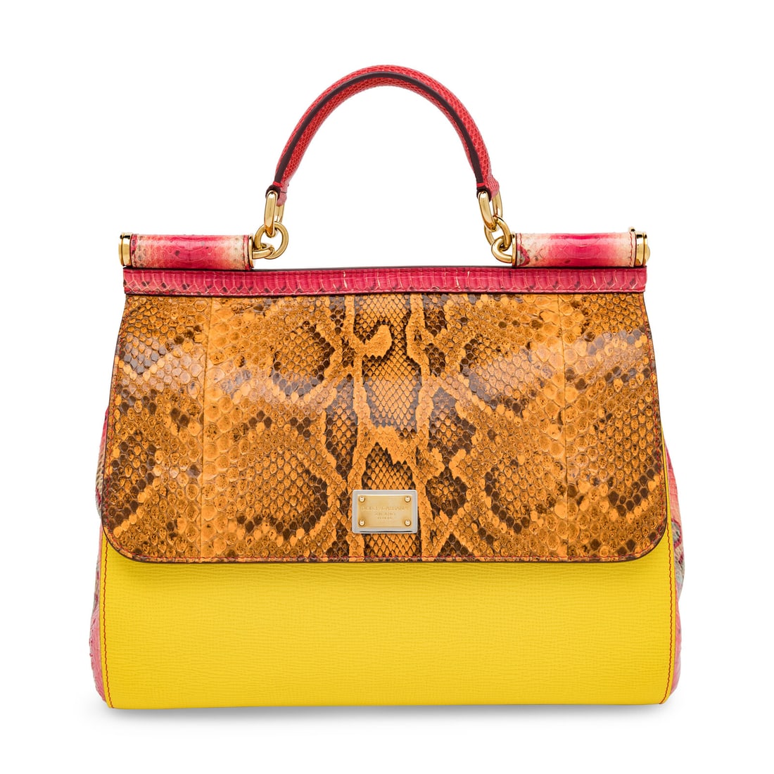 Dolce & Gabbana, Large Sicily Bag in Python & Leather: Dolce & Gabbana, Large Sicily Bag in Python & Leather Large Sicily bag in multicolor python skins and yellow leather. Magnetic snap closures, padded handle, and removable flat strap. Label: Dolce &