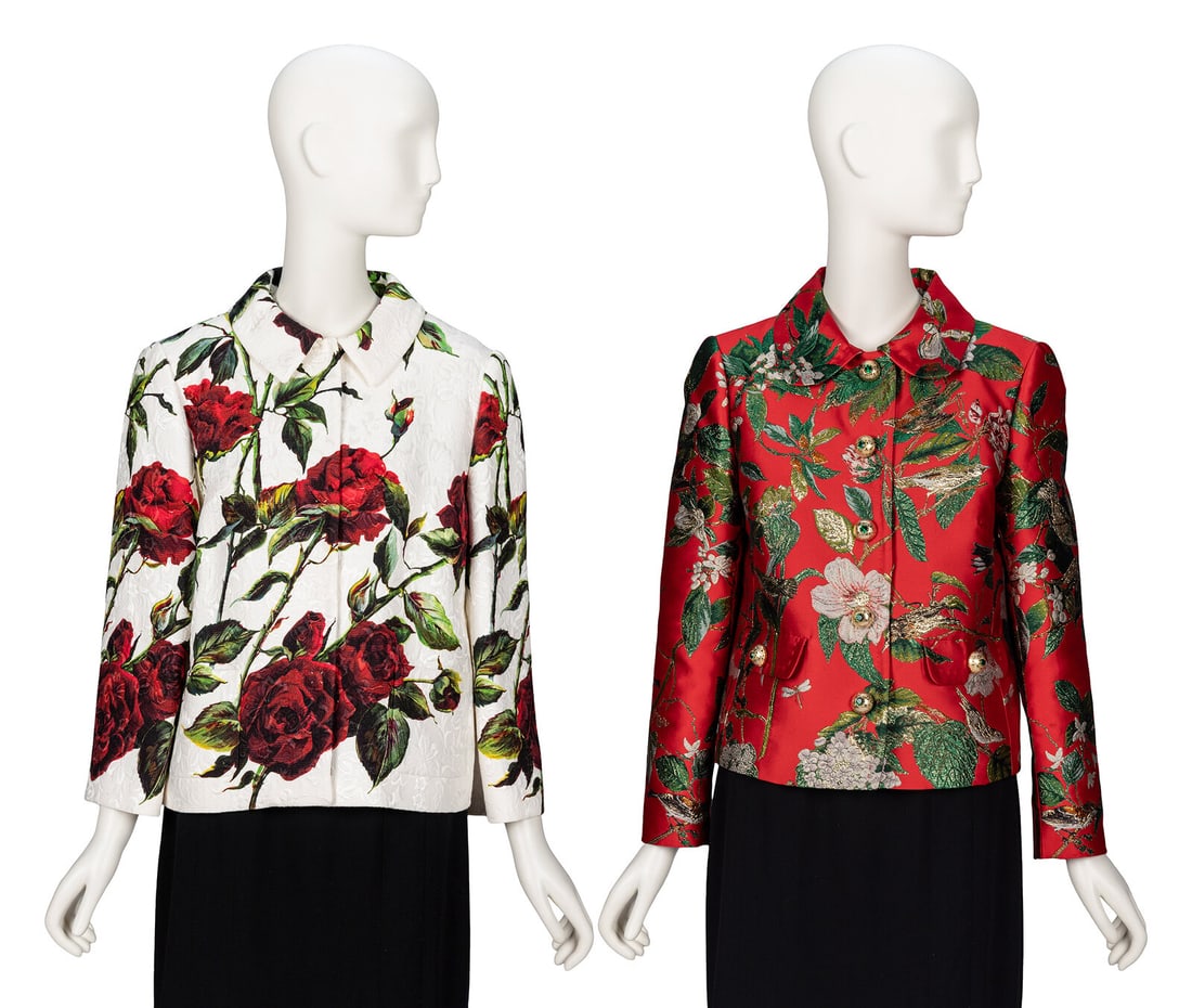 Dolce & Gabbana, Two Floral Jackets: Dolce & Gabbana, Two Floral Jackets THE FIRST Jacket in white cotton-blend jacquard with an all-over red & green rose print. Spread collar. Wrist-length set-in sleeves. Two patch pockets at front.