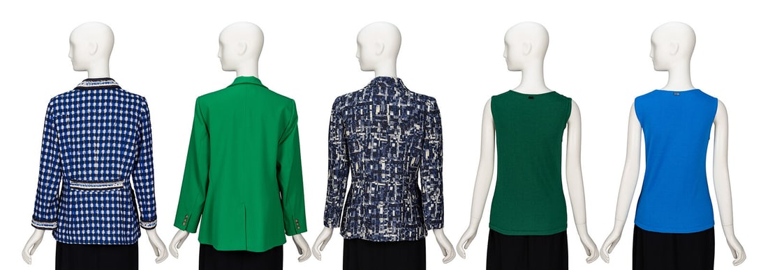 Oscar de la Renta, Three Jackets & Two Knit Tanks: Oscar de la Renta, Three Jackets & Two Knit Tanks THE FIRST Lightly tailored jacket in royal blue & white textured cotton-blend plaid tweed with tonal crocheted trim throughout. Spread collar. Light p