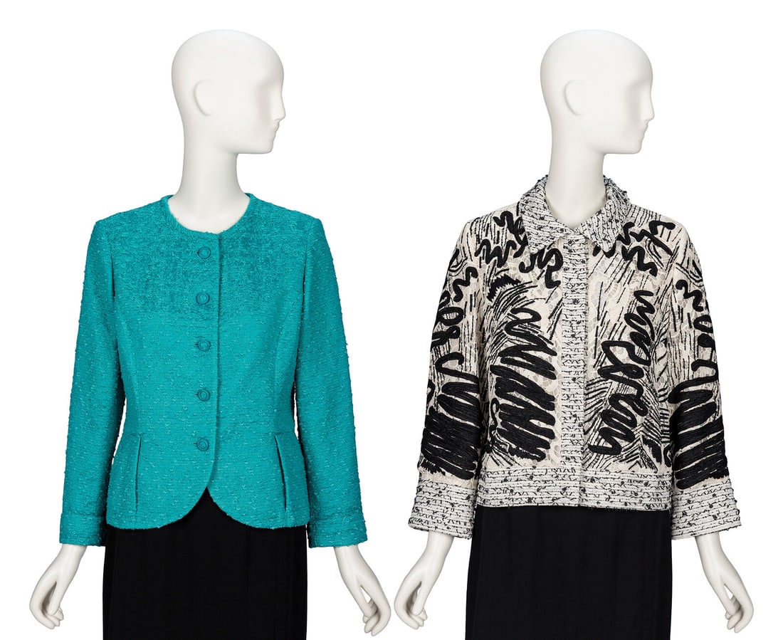 Oscar de la Renta, Two Jackets: Oscar de la Renta, Two Jackets THE FIRST Cropped jacket in black & white embroidered & appliquÈd lace with black & white tweed trim. Spread collar. Full-length set-in sleeves. Concealed snap