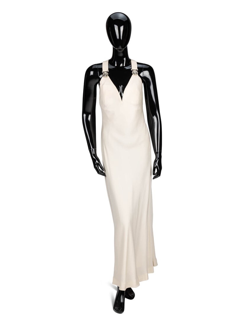Gianni Versace, Bias-Cut Sleeveless Gown, 1994: Gianni Versace, Bias-Cut Sleeveless Gown, 1994 Sleeveless gown in bias-cut cream silk jacquard. Sweetheart neckline with reinforced bust. Racerback neckline at back. Topstitched shoulder straps with s
