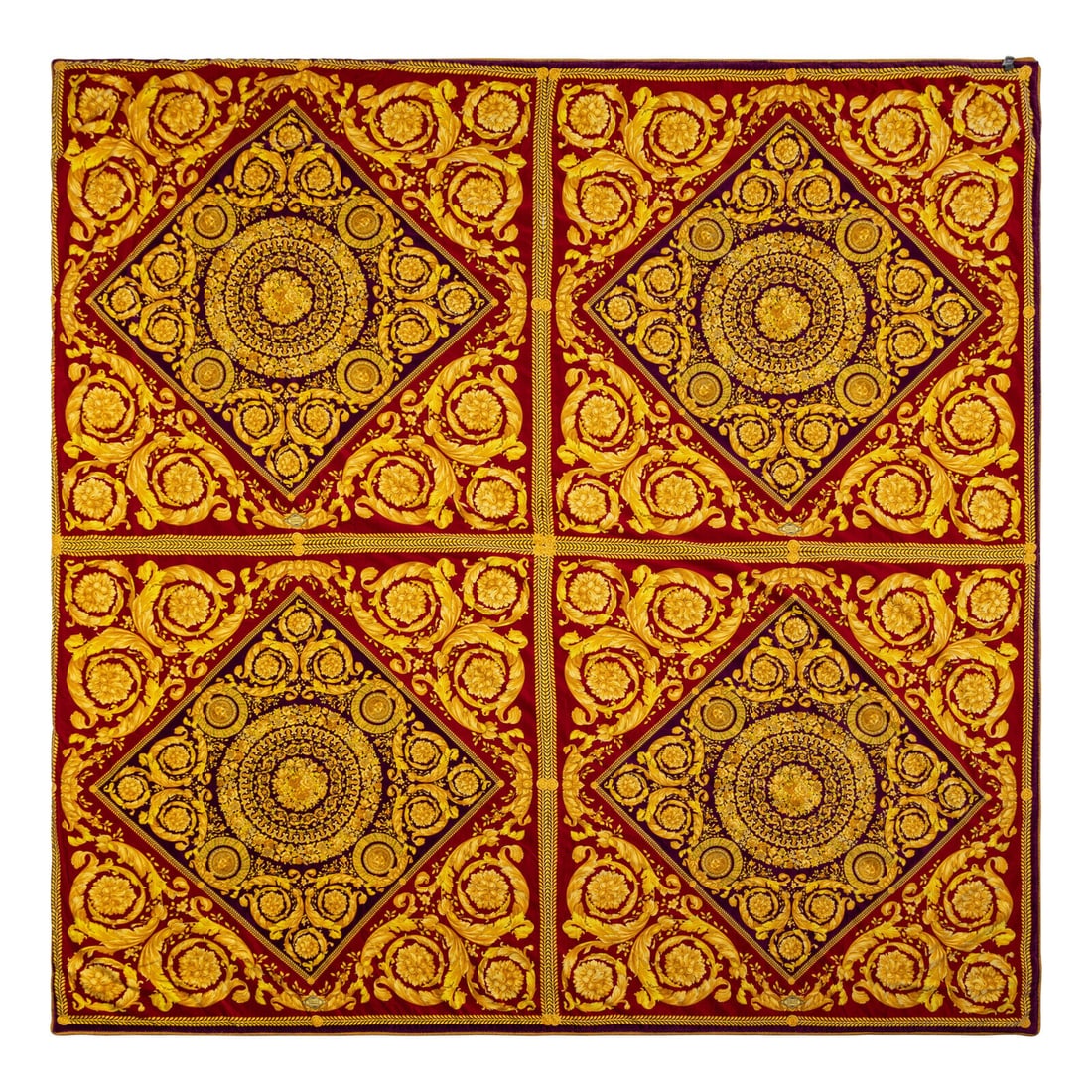 Gianni Versace, Printed Velvet Comforter: Gianni Versace, Printed Velvet Comforter Comforter in gold, burgundy, and purple printed cotton velvet with twisted metallic gold cording edge trim. Label: Gianni Versace Date: 1990's Country of Origi