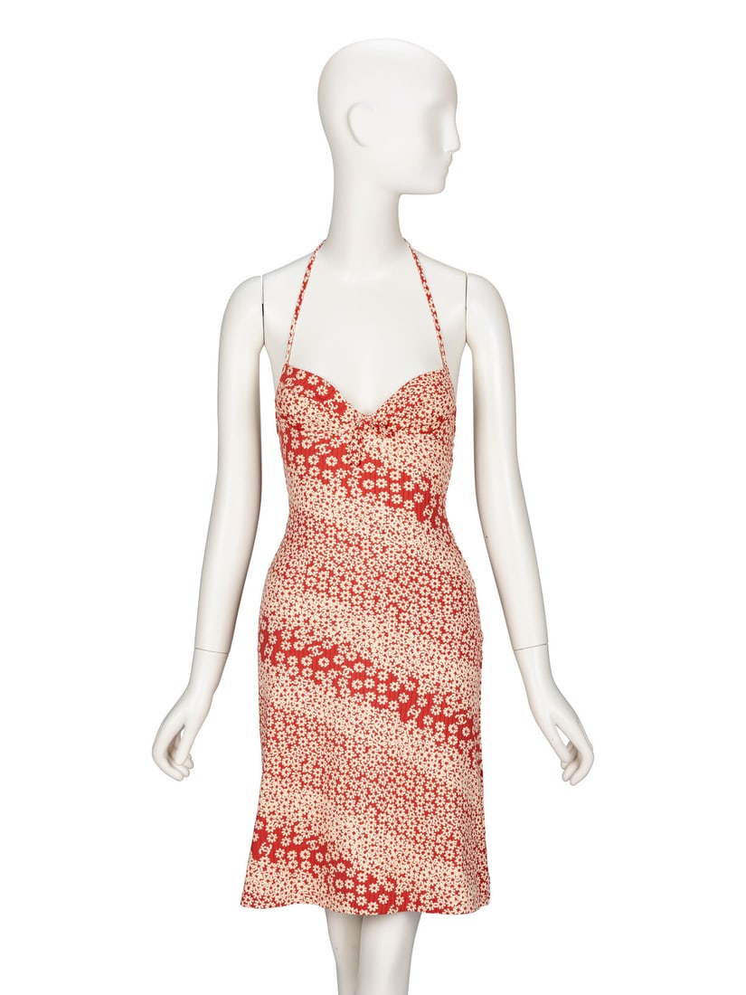 Chanel, Floral Halter Dress: Chanel, Floral Halter Dress Halter dress in a crimson and beige floral-print nylon stretch knit. Sweetheart neckline with built-in & lined bra cups. Low-cut back neckline. Knee-length A-line skirt. Ti
