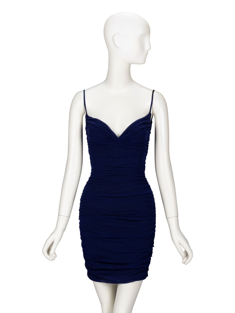 Giorgio di Sant'Angelo, Ruched Mesh Minidress: Giorgio di Sant'Angelo, Ruched Mesh Minidress Fitted minidress in deep indigo stretch mesh. Rouching throughout. Sweetheart neckline with gathering at bust; low V-shaped neckline at back. Thin shoulde